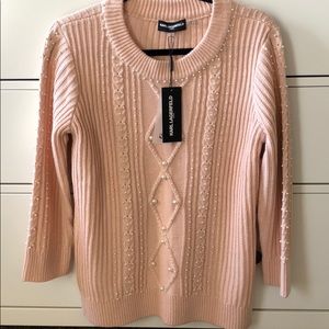 NWT Karl Lagerfeld Pink Knit Pearl Sweater